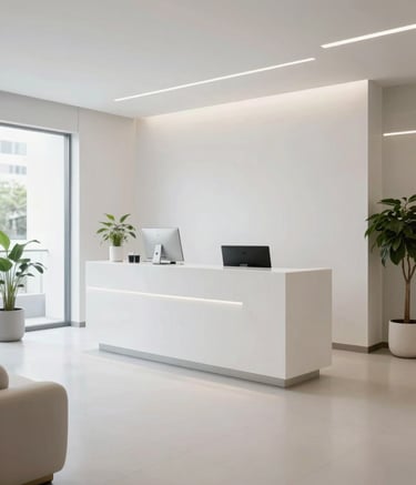 Clean, wide-angle interior photography of a modern Brazilian aesthetic clinic's reception. Minimalist white furniture, polished floors, and subtle green plants. The lighting is natural and bright, showcasing a professional and welcoming atmosphere.