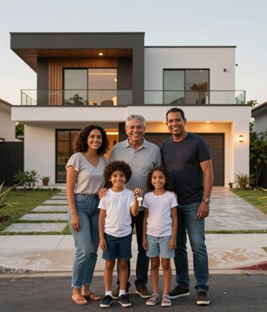A South American Brazilian family standing in front of their new contemporary house during the afternoon golden hour. They are smiling warmly, holding a set of keys. The composition is a wide shot showing a clean, safe residential neighborhood with modern architecture. High-quality photography with soft lighting.