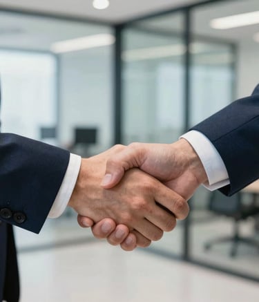 A close-up of a professional handshake in a bright, modern corporate setting in Brazil. In the background, a blurred glass wall reveals a clean, organized office environment. The lighting is soft and professional, highlighting a sense of partnership. Tones of dark blue and steel blue from the brand palette are integrated into the decor.