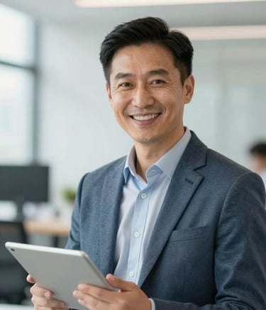 A close-up, high-quality photograph of a professional mentor in a bright, modern office setting. The mentor is smiling confidently, dressed in professional attire, holding a tablet. The lighting is soft and natural, emphasizing a growth-oriented and supportive atmosphere. Subtle touches of #3F5A7B and #AEC2D6 are seen in the office decor.