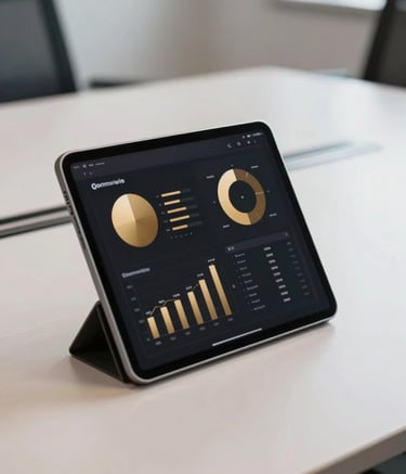 Close-up photography of a sleek, high-end digital tablet displaying clean advertising analytics and charts in deep gold and black. The setting is a professional, modern North American boardroom with a minimalist aesthetic.