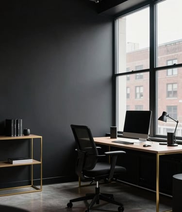 A high-end, minimalist creative agency studio in a North American urban setting. The interior features matte black walls, subtle gold accents on furniture, and large windows with natural light. A professional workspace with premium technology is visible.