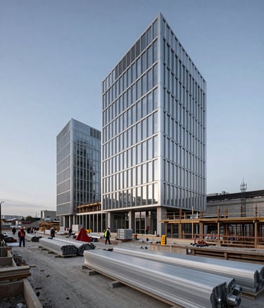 A wide-angle shot of a construction site in a French city at dawn. The sky is a soft Slate Blue. Workers are visible in the distance. Professional architectural photography style with Silver Grey building materials.