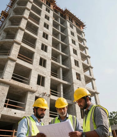 A low-angle shot of a modern, multi-story residential building under construction in Mysuru. South Asian engineers wearing yellow safety helmets are discussing plans in the foreground. Bright daylight illuminates the premium concrete and steel structure.