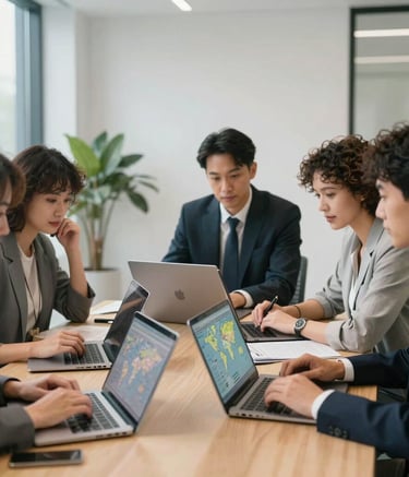 A bright and airy office setting in the UK where a diverse team of professionals is engaged in a collaborative meeting. They are using modern laptops and looking at global maps. The atmosphere is professional, sophisticated, and focused on international trade solutions.