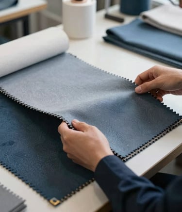A close-up photograph of a professional's hands inspecting high-quality textile samples in a bright, modern studio in London. The lighting is soft and natural, emphasizing the texture of the fabric. The scene uses a sophisticated palette of steel blue and light gray, reflecting Western European professional standards.