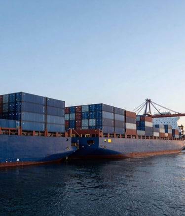 A wide-angle professional photograph of a bustling British shipping port at dawn. Large blue cargo containers are neatly stacked against a backdrop of deep navy water and a light blue sky. The composition is clean and modern, conveying efficient global trade and logistical excellence.