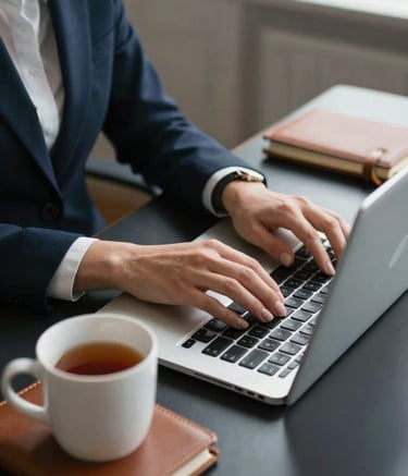 A close-up photograph of a professional British administrative assistant's hands typing efficiently on a sleek metallic laptop. A white ceramic mug of tea and a leather-bound notebook sit on the organized dark navy desk. Soft natural lighting creates a calm, focused atmosphere in a modern London office.