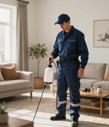 Professional wide shot of a clean, modern North African / Moroccan living room being treated by a pest control expert in a professional navy blue uniform. The technician is using professional-grade spraying equipment with precision and care. Soft morning light enters through windows, highlighting the safety and cleanliness of the procedure.