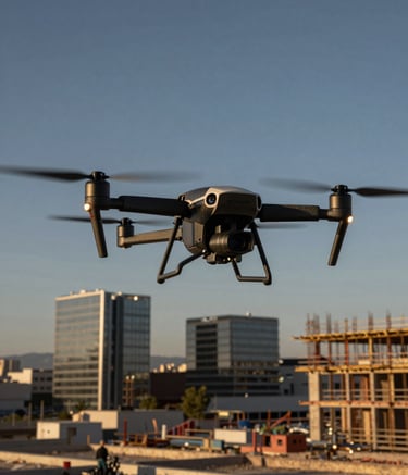 A professional industrial drone hovering over a large construction site in a modern Spanish city, sunset lighting with dark blue and greyish blue sky, sharp focus on the carbon fiber frame and technical rotors.