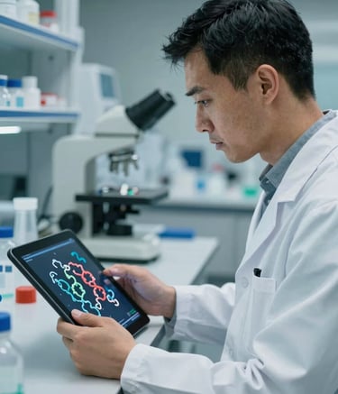 A close-up of a scientist in a high-tech laboratory, looking at a digital tablet showing protein structures. The scene is lit with professional, cool lighting in shades of #4B7F7F and #F3F8F8. The atmosphere is focused and authoritative.