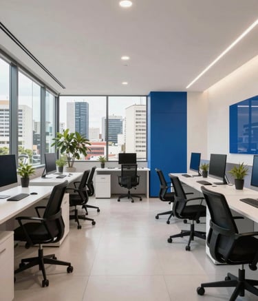 A wide photography shot of a sleek, modern digital marketing office in a South American / Brazilian city, featuring ergonomic furniture, large windows with urban views, and a clean interior palette of soft off-white and royal blue accents.