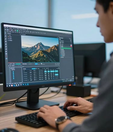 A close-up photography of a professional in a South American / Brazilian office using a high-end computer for digital design, with bright sky blue lighting accents in a professional atmosphere.