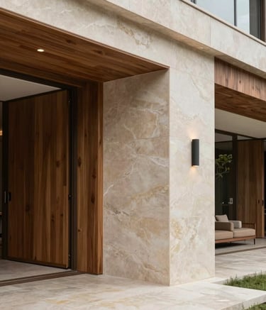 An elegant architectural detail of a luxury residence in Brazil. High-end wood and stone finishes are showcased with sophisticated, soft interior lighting. The composition is clean and modern, reflecting understated elegance.