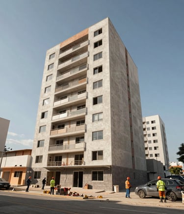 A wide-angle professional photograph of a modern apartment building being restored in Brazil. The scene shows a clean, organized workspace with workers in professional safety gear. The sky is clear, emphasizing the reliability and quality of the work.