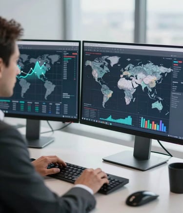 A sharp-focus photograph of a professional in North American business attire analyzing global market trends on a sleek, dual-monitor setup in a high-rise office. The lighting is crisp and the composition is minimalist and modern.