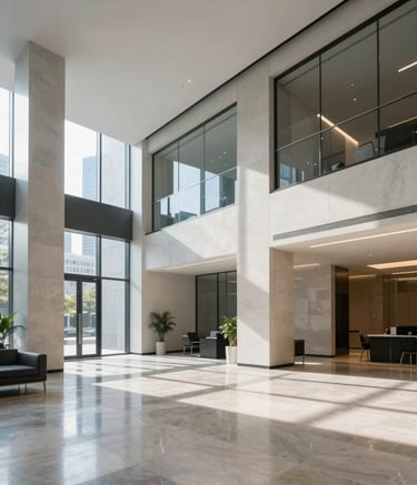 A high-end architectural photograph of a modern, minimalist office lobby in a North American financial district. The scene features polished stone floors, soft blue accents, and clean lines, lit by natural morning light to convey stability and professionalism.