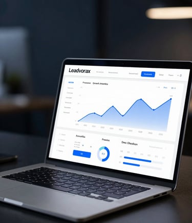 A close-up, high-end photograph of a sleek laptop screen displaying a professional growth analytics dashboard with blue and white line graphs. The setting is a dark, luxury office with soft bokeh lighting in the background, featuring deep navy and charcoal tones to match the Leadvorax brand mood.