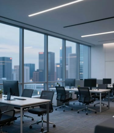A wide-angle shot of a minimalist, tech-driven corporate office space. Large windows reveal a city skyline at dusk with blue hour lighting. Inside, sleek furniture in navy and grey creates a premium feel. The image should look professional, modern, and high-end, incorporating subtle #1E3A8A blue hues.