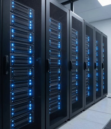 A high-tech server room with rows of blinking lights in shades of navy and light blue. Clean, modern aesthetic, wide-angle photography, symbolizing innovation and secure hosting. Global / International context.