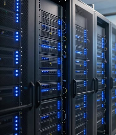 Clean and organized modern server room with blue LED indicator lights on the racks. The lighting is sophisticated, reflecting a professional and high-tech environment typical of a top-tier IT service provider.