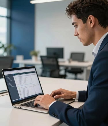 A professional South American IT consultant in a modern office, showing a laptop screen with technical data to a client. The atmosphere is bright and professional, with dark blue and light gray accents in the background architecture.