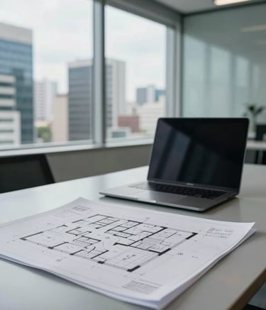 A high-end, professional architectural office in a South American / Brazilian metropolitan area. The scene features a large table with detailed floor plans, a high-tech laptop, and a soft blue and light grey color palette. Natural light streams through large windows, emphasizing a clean and sophisticated atmosphere.
