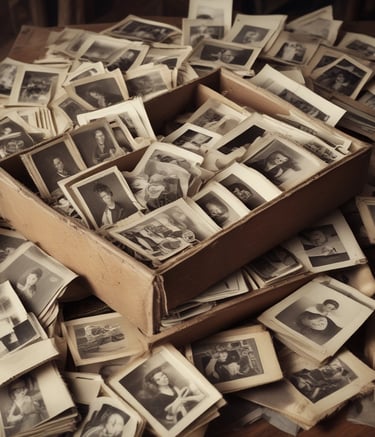 A close-up of old family photographs being carefully handled for digitization