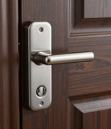 A macro shot of a sleek, high-quality stainless steel door handle and lock system on a dark wood door, showcasing modern engineering and precision craftsmanship in a North American home, with professional soft lighting.