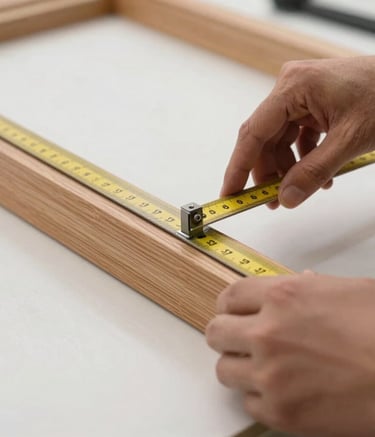 Close-up of a skilled artisan's hands carefully measuring a solid wood door frame in a bright, high-end North American workshop, highlighting the focus on precision and quality materials like oak and steel.