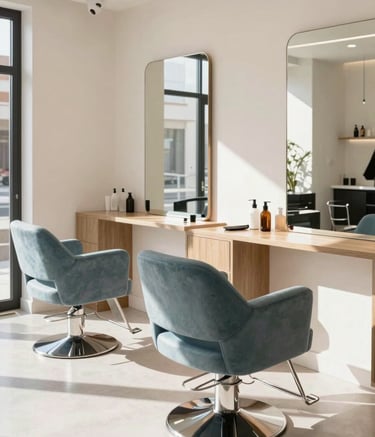A bright and airy interior of a modern Spanish hair salon. The decor features soft off-white walls and slate blue accents on the chairs. Natural sunlight pours in, creating a professional and welcoming atmosphere. High-end photography style.