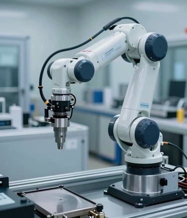 A sharp, high-angle professional photograph of a sophisticated robotic arm operating in a modern industrial setting in the US. The scene features cool lighting, metallic steel blue surfaces, and a clean, forward-thinking aesthetic that conveys high-efficiency automation.