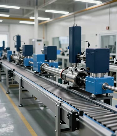 A wide-angle professional photograph of a custom-built automated conveyor system inside a clean, modern North American manufacturing plant. The machinery features polished steel blue and dark navy components. The lighting is crisp and daylight-balanced, emphasizing industrial precision and advanced technology.