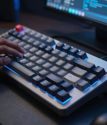 A close-up photograph of a South Asian / Indian professional using a high-end mechanical keyboard in a dimly lit studio, illuminated by a soft neon blue glow from digital displays.