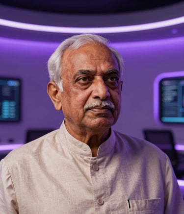 A cinematic portrait of a visionary South Asian / Indian leader in a sleek, modern tech environment with lavender and deep purple light trails in the background.