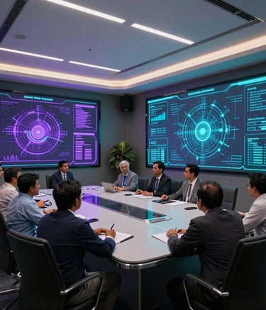 An wide-angle shot of a futuristic marketing war-room in a Mumbai skyscraper, featuring South Asian / Indian experts analyzing large holographic-style data displays with purple and teal ambient lighting.