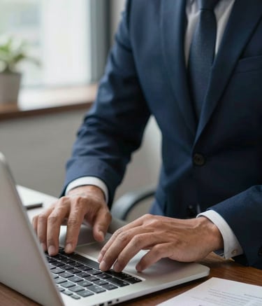 Professional financial consultant analyzing monthly service expenses on a laptop, North American office setting, sophisticated Navy and Blue tones, soft natural lighting.