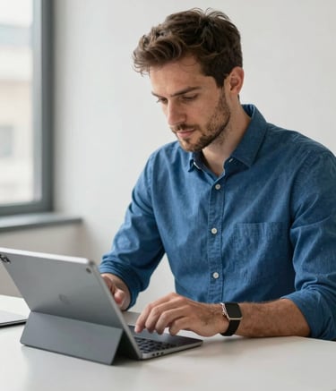 Photographie d'un entrepreneur moderne et confiant utilisant une tablette numérique dans un bureau urbain lumineux aux lignes épurées. L'ambiance est sophistiquée et inspirante, avec des touches de Steel Blue et de Soft White. Contexte Global / Francophone.
