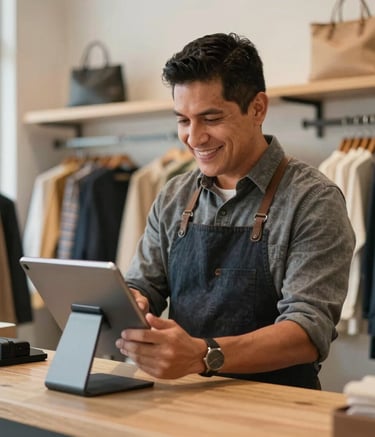 A friendly Latinoamericano store owner in a modern clothing boutique, smiling while looking at a tablet at the checkout counter. The setting is stylish and professional, reflecting a successful commercial atmosphere with warm natural light.