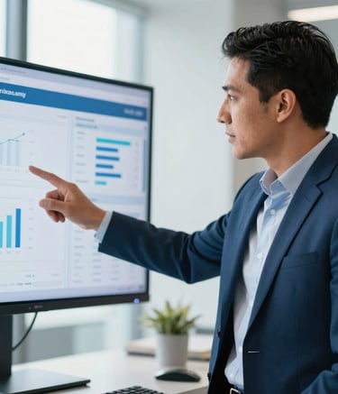 A professional Latinoamericano business consultant in a bright office environment, pointing at a screen showing business data. The lighting is clean and modern, with soft blue and white tones in the background to convey technological sophistication.