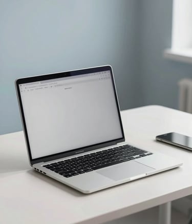 A professional minimalist workspace with a sleek laptop on a clean off-white desk. Soft silver blue accents in the background. Bright, natural lighting coming from the side, creating a professional and trustworthy atmosphere.