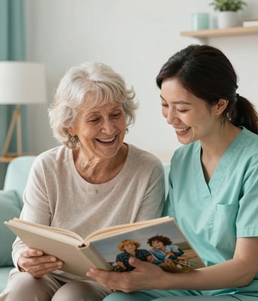 A warm and friendly scene of a caregiver and an elderly woman sharing a laugh while looking at a photo album in a bright, modern Northern European / Dutch living room with soft aqua white walls and mint green accents.