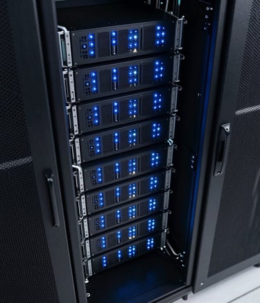 High-angle photography of a pristine, high-tech server room in a North American facility, with glowing dark blue and light blue LED indicators on sleek black hardware, emphasizing data security and advanced infrastructure.