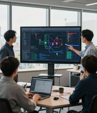 A collaborative team of software engineers in a modern, open-plan North American office reviewing complex medical software architecture on a large screen, daylight from large windows, professional atmosphere.
