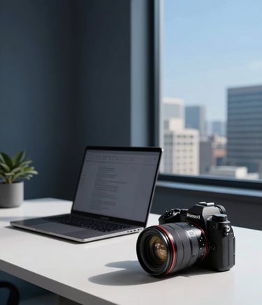 A clean, modern workspace in a North American / US city loft. A minimalist desk features a laptop and a high-end camera, representing digital marketing and content creation. The color palette includes deep charcoal blue shadows and bright sky blue highlights. High-end professional photography style.