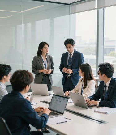 A collaborative scene of professionals in a sleek, glass-walled North American / US conference room. The setting is bright and airy with pearl white walls and steel blue accents. The team is focused on a collaborative task, reflecting a professional and sophisticated agency environment. Soft natural lighting from large windows.