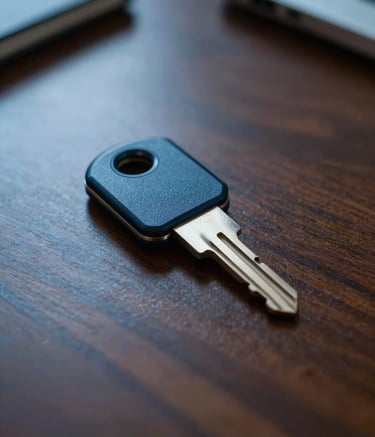 A close-up photograph of a secure digital key sitting on a polished mahogany desk in a professional North American / US office. The scene is lit with soft ambient Prussian Blue light, highlighting the sleek textures and conveying a sense of high-level security and expert digital protection.