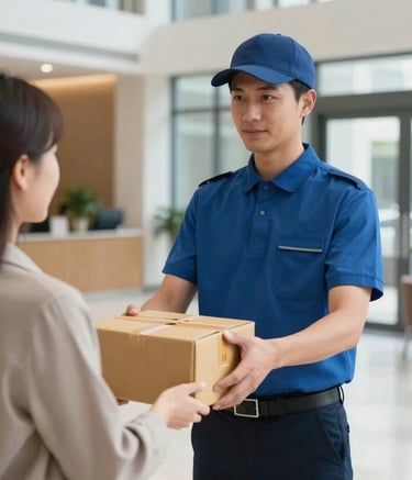 A courier in a professional uniform handing a package to a client in a modern building lobby. The scene is bright and professional with a focus on efficiency and trust, international setting.