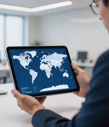 A professional in a bright, modern office using a high-tech tablet to monitor global shipping routes. The setting is international with clean lines and soft lighting, incorporating deep blue accents.
