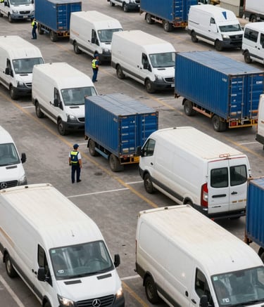 Wide shot of a bustling logistics hub with organized workers and various transit vehicles. The atmosphere is efficient and orderly, featuring a palette of off-white and medium blue, international context.